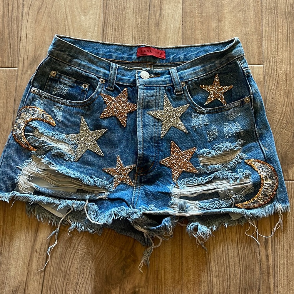 Glitter Stars ans Moon High Waist Shorts Size Medium